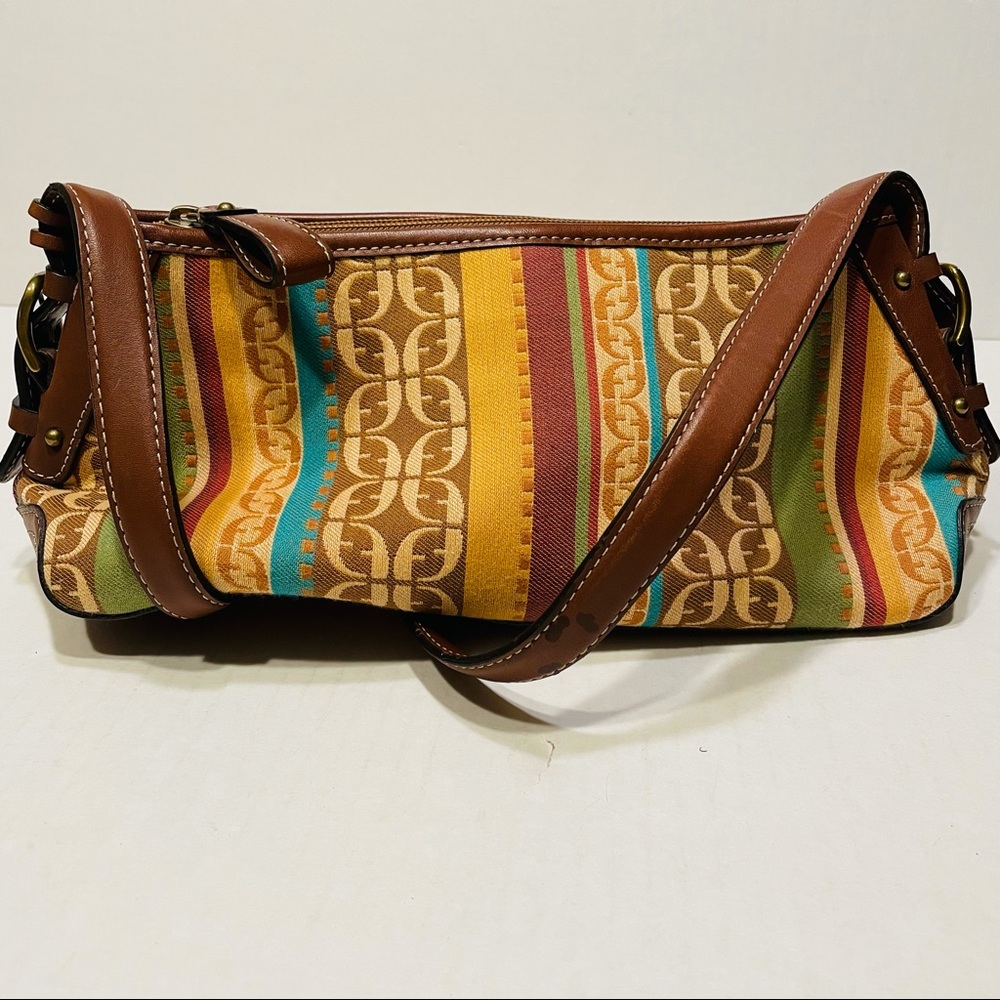 Fossil Canvas Signature Stripe Leather Baguette - image 2